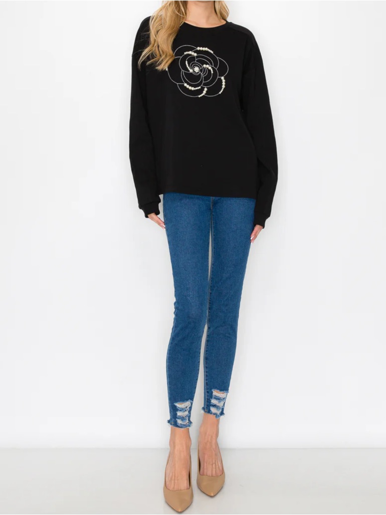 Black Long-Sleeve Embellished Floral Sweatshirt - Women By Joh — image 2 of 7